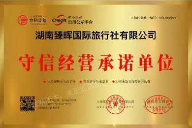 臻晖国际旅行社荣誉证书 臻晖国际旅行社荣誉证书